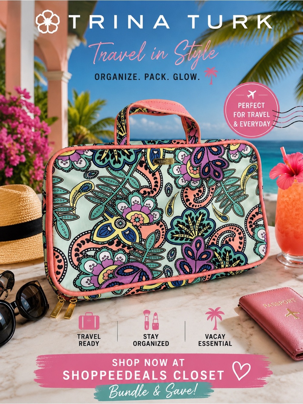 Trina Turk Paisley Floral Travel Makeup Cosmetic Organizer Bag Case